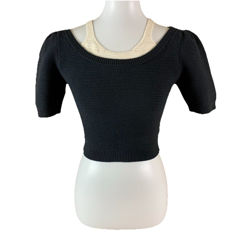 Calvin Luo S Black Cream Knit‎ Short Sleeve Cropped Sweater Layered Look Chic